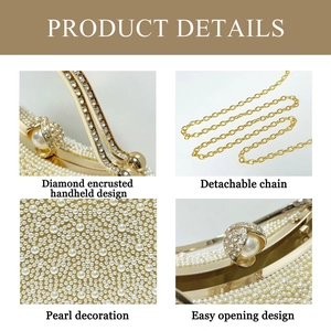 Macro details of champagne pearl evening bag with rhinestone handle and detachable gold chain