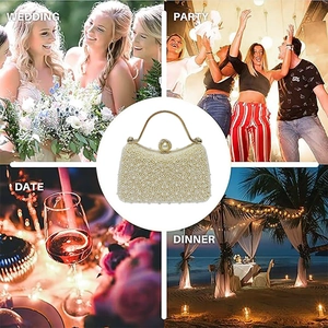 Elegant pearl evening clutch bag shown in wedding, party, date, and dinner scenarios