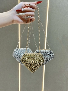 Mini luxury heart-shaped rhinestone evening clutch bag with metal chain in three colors