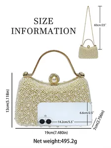 Elegant pearl evening handbag with dimensions 19x13x7cm and metal handle for women