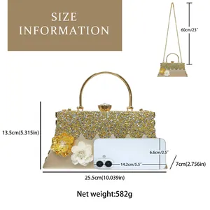 Detailed size guide for evening clutch featuring dimensions and champagne gold rhinestones