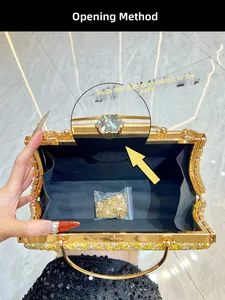 Macro detail of luxury evening bag crystal flower clasp and gold rhinestone finish