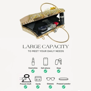 Detail of spacious gold evening bag interior showing large capacity and secure closure