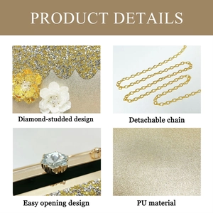 Detailed views of floral rhinestone evening bag with gemstone clasp and golden chain strap