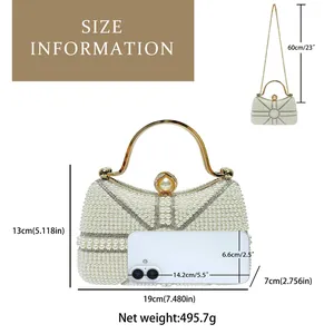 Detailed size information for elegant pearl evening bag with chain strap measurements
