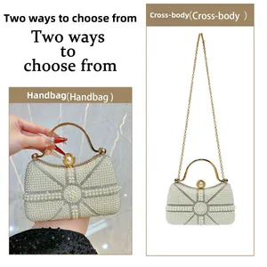 Detail showing elegant pearl evening bag with gold handle and chain for two-way carry