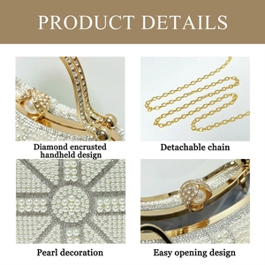 Detail of luxury pearl evening bag showing diamond handle and detachable gold chain
