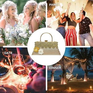 Detail view of champagne evening bag with rhinestone accents for wedding, party, and date