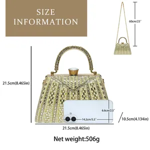 Detailed size information for the champagne pearl evening bag with 21.5cm dimensions