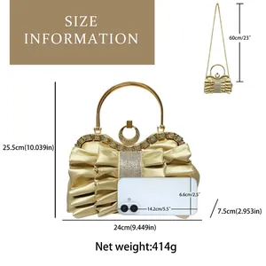 Detailed size chart for evening bag with handle height and dimensions for pleated clutch