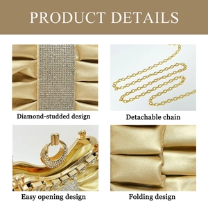 Detail of pleated gold evening bag featuring diamond-studded design and detachable chain