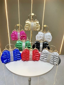 Elegant satin pleated evening bags with rhinestone trim and metal handles in multiple colors
