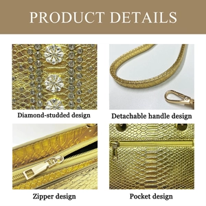 Detailed views of gold snakeskin bag showing sunflower rhinestone inlay and zippers