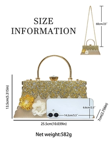Size information for sparkly rhinestone evening clutch bag with ring handle and chain strap