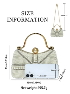 Elegant pearl evening bag with diamond chain and gold handle showing detailed size specs