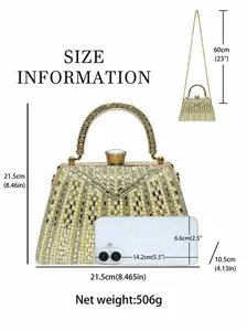 Size chart for luxury evening bag with pearls, rhinestones and metal handle detail