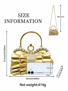 Size information for pleated evening handbag with rhinestones and metal handle