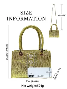 Golden luxury handbag with rhinestones and floral buckles showing detailed size dimensions
