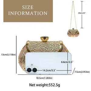Detailed size chart for rhinestone bow evening bag showing exact dimensions and weight