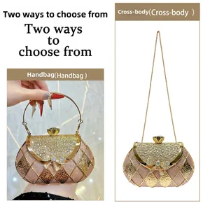 Sparkling rhinestone bow evening bag showing handbag and crossbody chain strap options