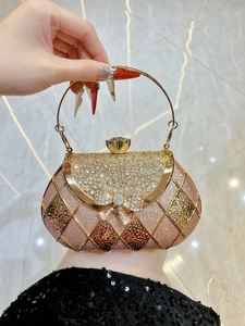 Luxury Rhinestone Evening Clutch Bag Bowknot Metal Round Handle Glitter Lattice Handbag Wedding Party Crossbody Purse