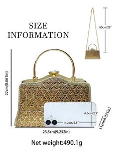 Guida alle taglie per pochette da sera dorata con manico metallico e catenina