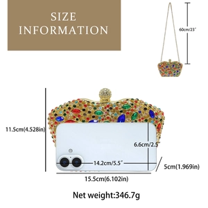 Detail showing dimensions of crystal evening clutch bag with crown clasp and gold chain