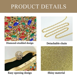 Detailed close-up of colorful rhinestones, golden chain, and buckle on luxury evening bag