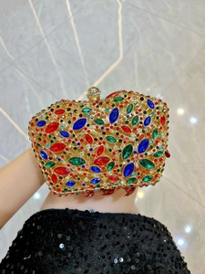 Luxury Rhinestone Evening Bag For Women Metal Frame Hard Shell Clutch With Chain For Wedding Party Banquet Dinner Bag