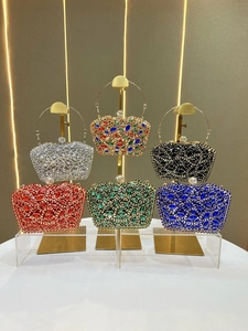Luxury rhinestone evening clutch bags in multiple colors with elegant metal ring handles