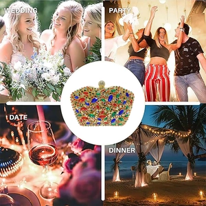 Colorful rhinestone evening clutch shown in wedding, party, date, and dinner scenarios