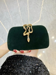 Detail of dark green velvet evening clutch featuring a gold snake clasp with rhinestones