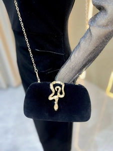 Close-up of velvet clutch bag featuring gold snake-shaped buckle and fine chain strap