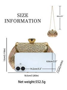 Elegant rhinestone bow evening clutch bag with metal chain and size guide information