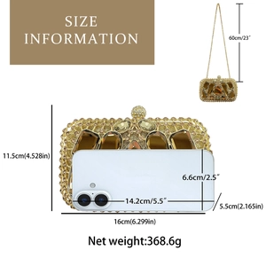 Size information for amber crystal clutch bag with dimensions and gold chain details
