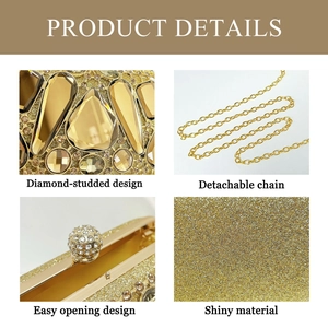 Detail of evening clutch featuring crystal rhinestones, gold sequins and metal chain