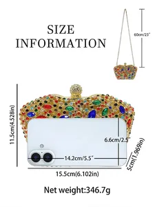 Luxury rhinestone evening bag with colorful crystals and gold chain size comparison