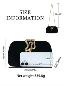 Velvet evening clutch bag with gold snake buckle and chain strap, dimensions shown