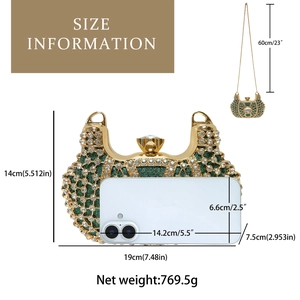 Guide des dimensions pour pochette en strass émeraude affichant la taille 19x14x7,5cm