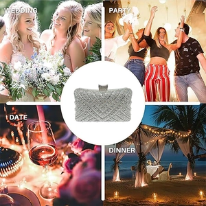 Close-up of silver evening clutch bag featuring intricate rhinestone geometric patterns