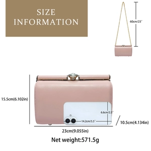 Pink evening clutch bag size information with rhinestone buckle and gold chain strap