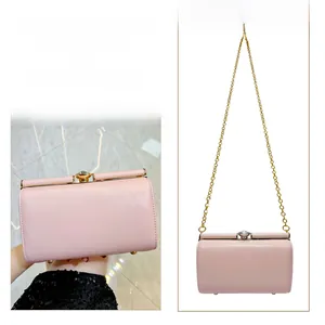Pink evening clutch with matte finish, gold metal frame, and detachable chain strap