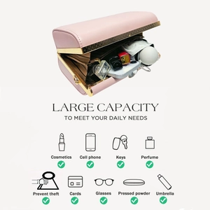 Pink leather handbag with large capacity storing phone, perfume, and lipstick