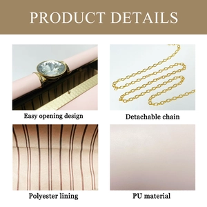 Detailed view of pink PU leather tote featuring large gemstone buckle and gold chain strap