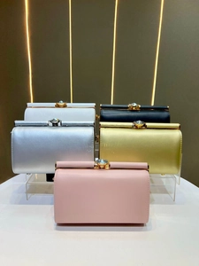 Elegant rectangle evening clutch bags with crystal clasp shown in five various colors
