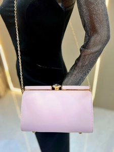 Pink evening bag featuring gold metal frame and jewel clasp shown with velvet dress