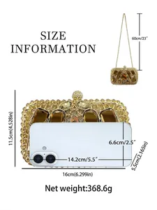 Size specifications for gold rhinestone evening bag with dimensions and chain length details