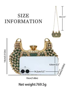 Tableau des tailles pochette de soirée strass vert dimensions 19cm x 14cm avec chaîne