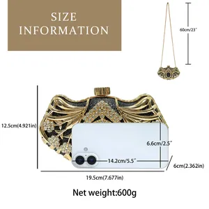Size guide for luxury evening clutch with rhinestone details and gold chain strap