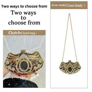 Detailed view of luxury rhinestone evening clutch with detachable metal chain strap